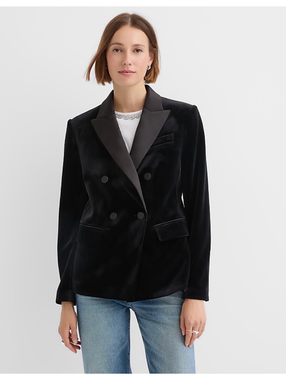 LOFT Petite Black Velvet Double-Breasted Blazer